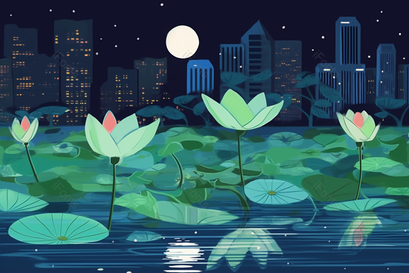 夜晚夏天荷花池风景手绘插画,插画/手绘图,插画/手绘图库,插画/手绘图下载,插画/手绘